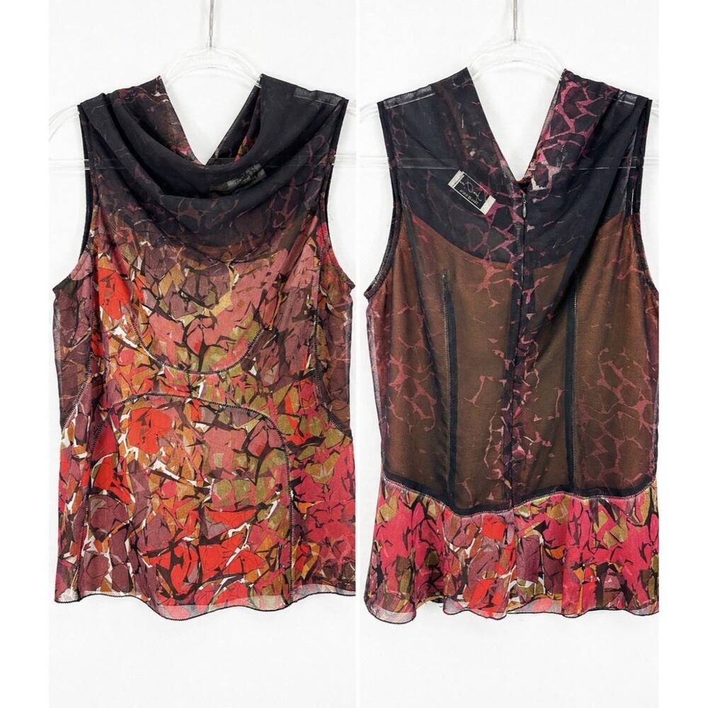Byron Lars Beauty Mark Sheer Mesh Top Abstract Print Cowl Neck Y2K Designer Sz 6